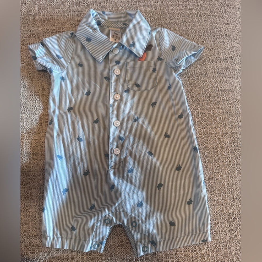 Carter’s Just One You Baby Boy Blue Striped Button Bunny Romper Carrot Sz 6m - Picture 5 of 10
